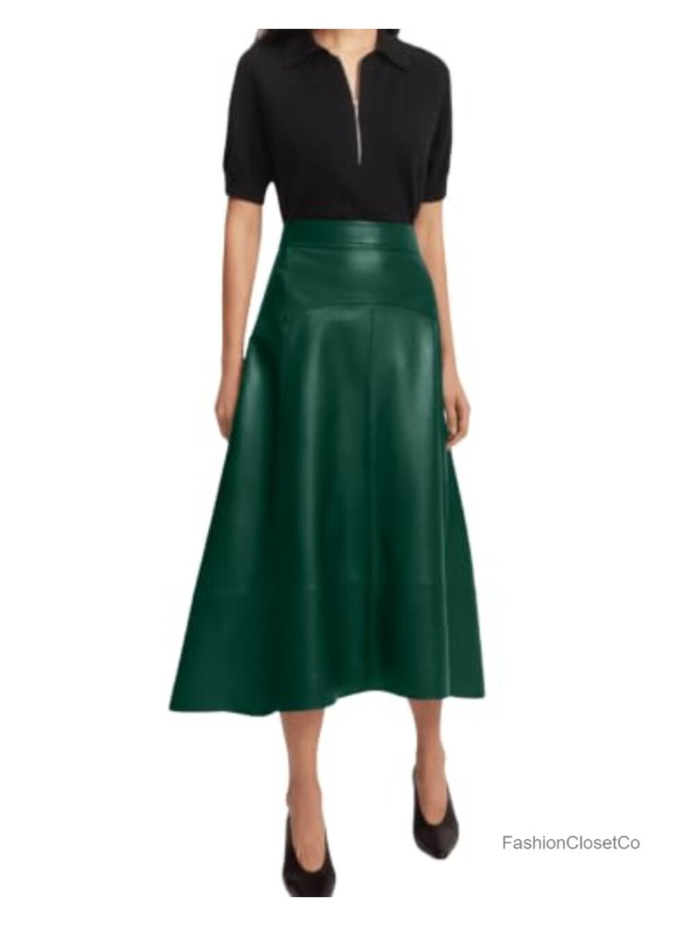 Genuine Lambskin Leather A-Line High Waist Midi Skirt